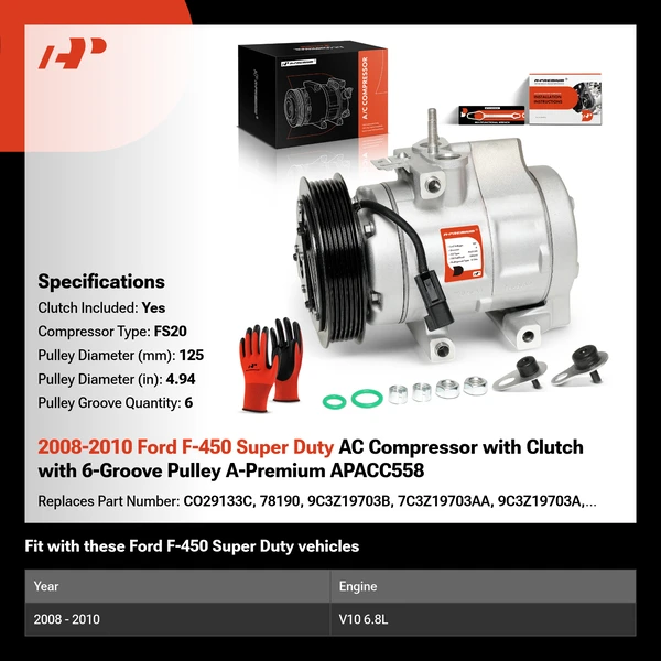 2008-2010 Ford F-450 Super Duty AC Compressor with Clutch with 6-Groove Pulley A-Premium APACC558