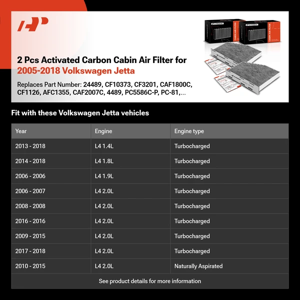 2 Pcs Activated Carbon Cabin Air Filter for 2005-2018 Volkswagen Jetta