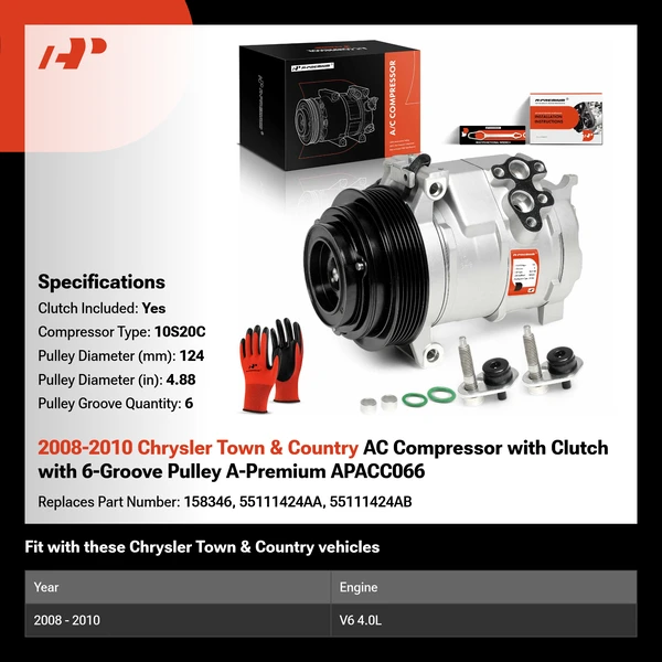 2008-2010 Chrysler Town & Country AC Compressor with Clutch with 6-Groove Pulley A-Premium APACC066