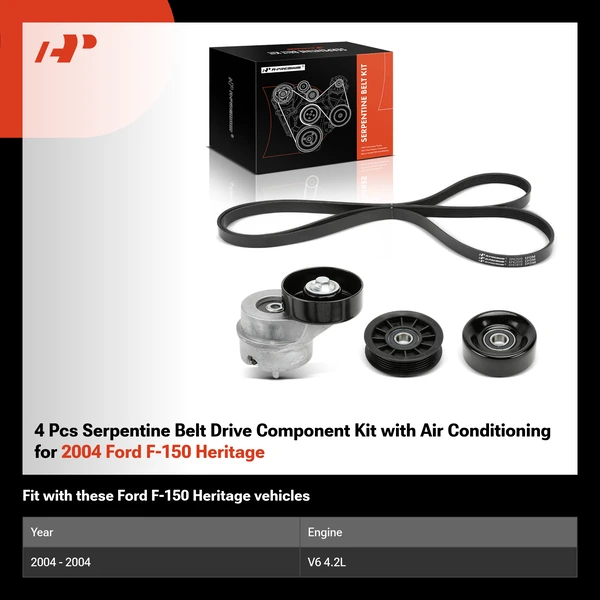 4 Pcs Serpentine Belt Drive Component Kit with Air Conditioning for 2004 Ford F-150 Heritage