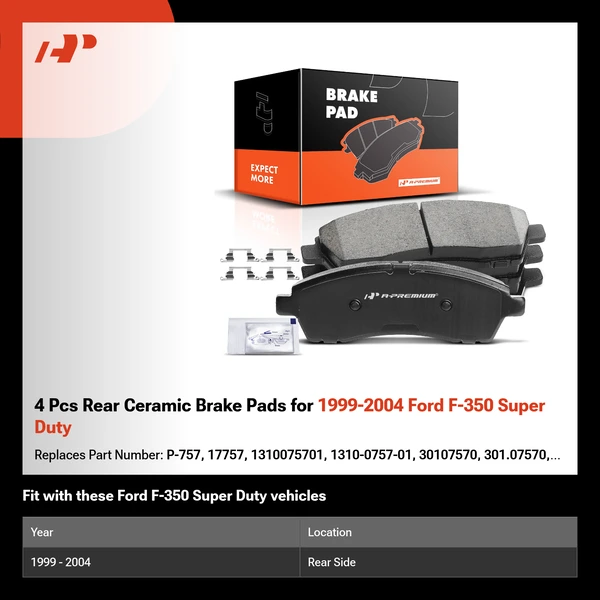 4 Pcs Rear Ceramic Brake Pads for 1999-2004 Ford F-350 Super Duty