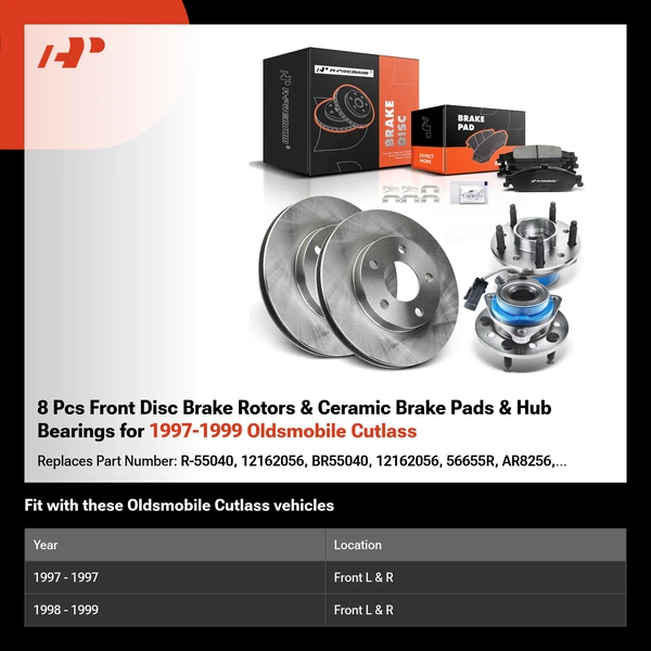 8 Pcs Front Disc Brake Rotors & Ceramic Brake Pads & Hub Bearings for 1997-1999 Oldsmobile Cutlass