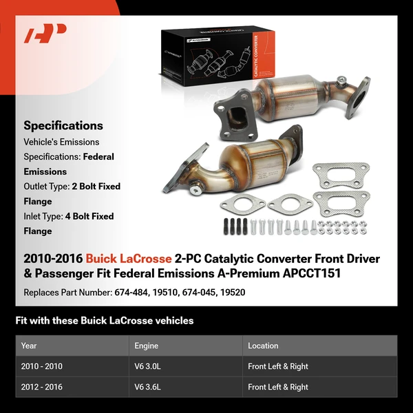 2010-2016 Buick LaCrosse 2-PC Catalytic Converter Front Driver & Passenger Fit Federal Emissions A-Premium APCCT151