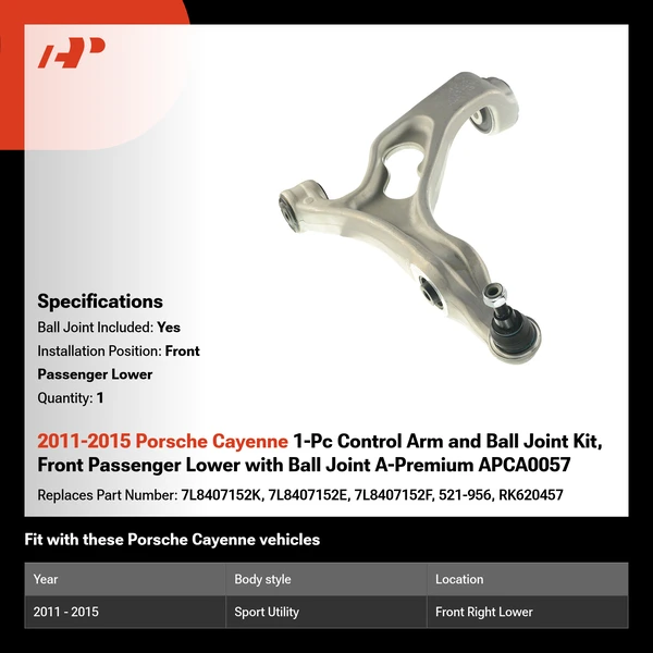 2011-2015 Porsche Cayenne 1-Pc Control Arm and Ball Joint Kit, Front Passenger Lower with Ball Joint A-Premium APCA0057