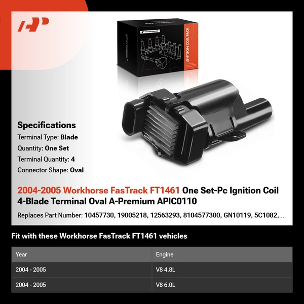 2004-2005 Workhorse FasTrack FT1461 One Set-Pc Ignition Coil 4-Blade Terminal Oval A-Premium APIC0110