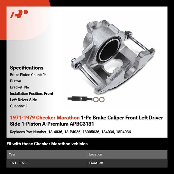 1971-1979 Checker Marathon 1-Pc Brake Caliper Front Left Driver Side 1-Piston A-Premium APBC3131