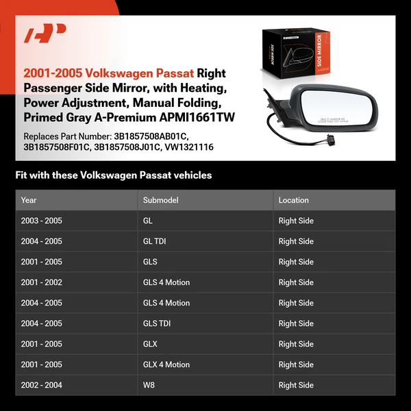 2001-2005 Volkswagen Passat Right Passenger Side Mirror, with Heating, Power Adjustment, Manual Folding, Primed Gray A-Premium APMI1661TW
