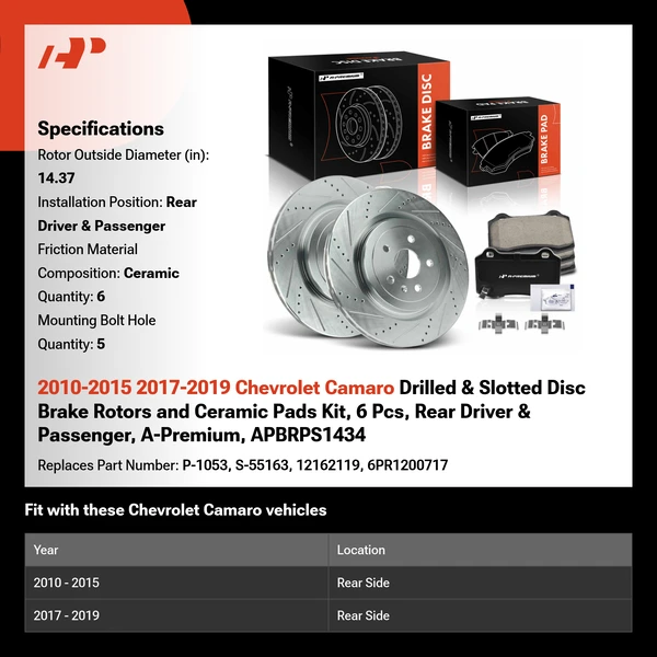 2010-2015 2017-2019 Chevrolet Camaro Drilled & Slotted Disc Brake Rotors and Ceramic Pads Kit, 6 Pcs, Rear Driver & Passenger, A-Premium, APBRPS1434