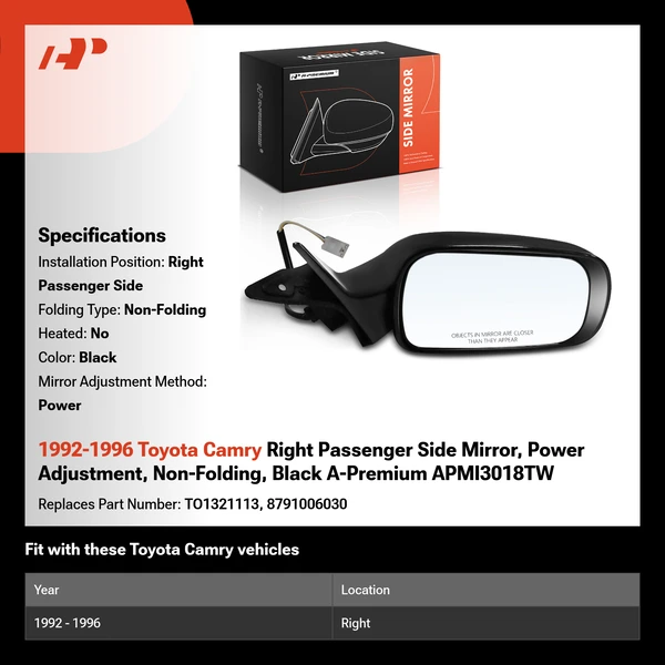 1992-1996 Toyota Camry Right Passenger Side Mirror, Power Adjustment, Non-Folding, Black A-Premium APMI3018TW