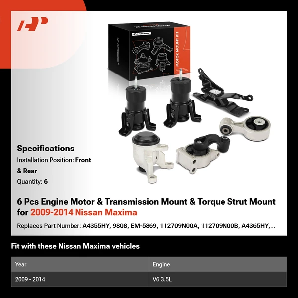 6 Pcs Engine Motor & Transmission Mount & Torque Strut Mount for 2009-2014 Nissan Maxima