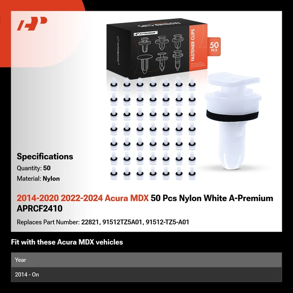 2014-2020 2022-2024 Acura MDX 50 Pcs Nylon White A-Premium APRCF2410