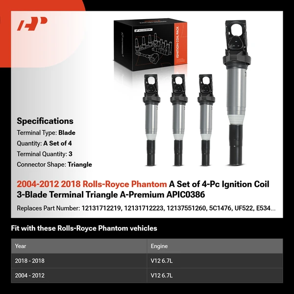 2004-2012 2018 Rolls-Royce Phantom A Set of 4-Pc Ignition Coil 3-Blade Terminal Triangle A-Premium APIC0386