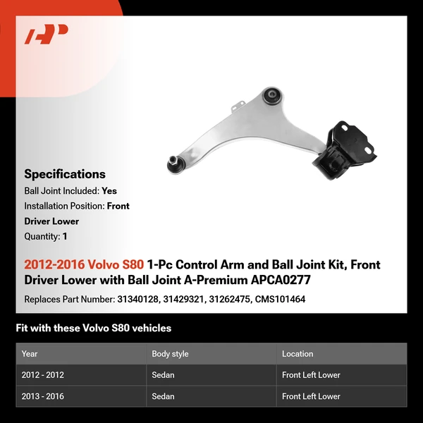 2012-2016 Volvo S80 1-Pc Control Arm and Ball Joint Kit, Front Driver Lower with Ball Joint A-Premium APCA0277
