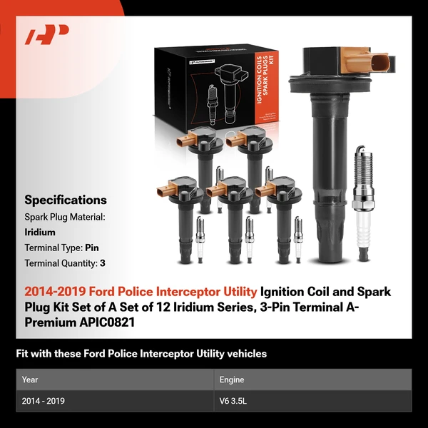 2014-2019 Ford Police Interceptor Utility Ignition Coil and Spark Plug Kit Set of A Set of 12 Iridium Series, 3-Pin Terminal A-Premium APIC0821