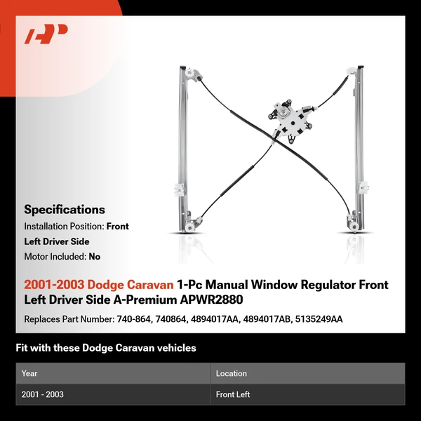 2001-2003 Dodge Caravan 1-Pc Manual Window Regulator Front Left Driver Side A-Premium APWR2880