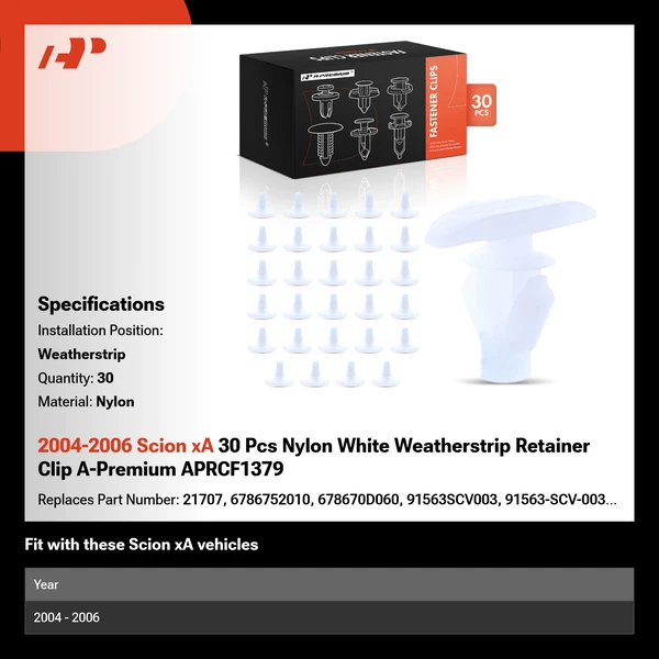 2004-2006 Scion xA 30 Pcs Nylon White Weatherstrip A-Premium APRCF1379