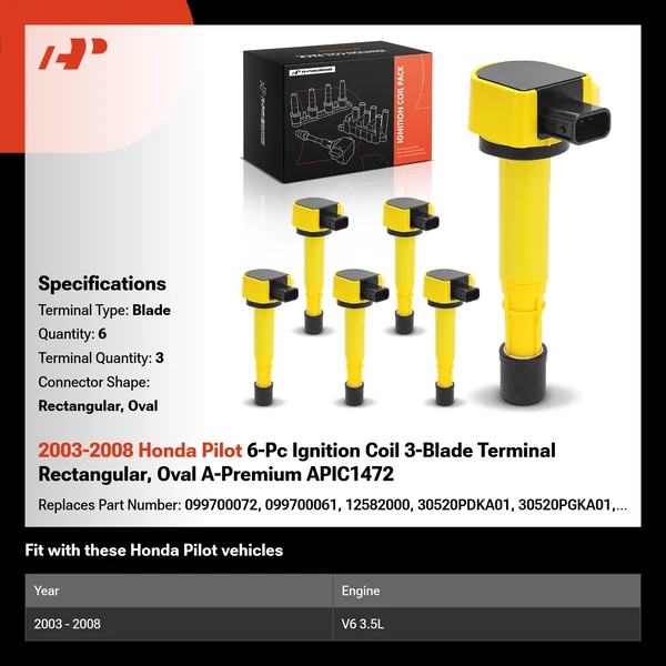 2003-2008 Honda Pilot 6-Pc Ignition Coil 3-Blade Terminal Rectangular, Oval A-Premium APIC1472