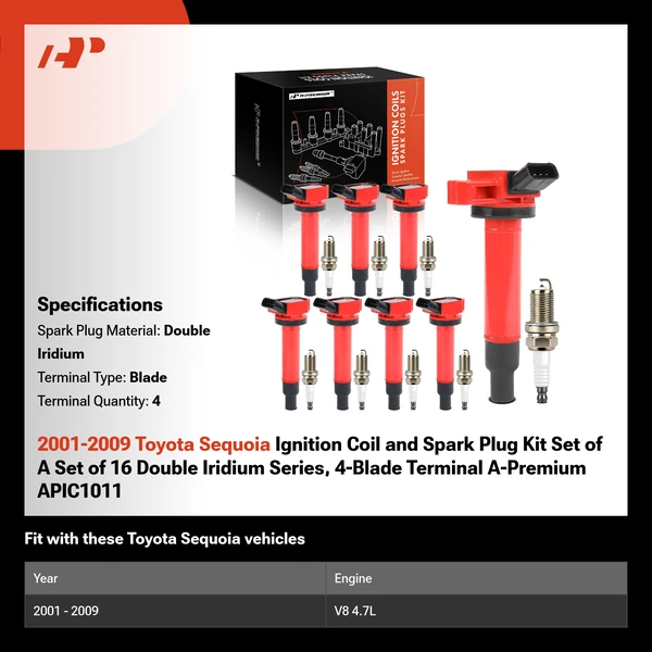 2001-2009 Toyota Sequoia Ignition Coil and Spark Plug Kit Set of A Set of 16 Double Iridium Series, 4-Blade Terminal A-Premium APIC1011