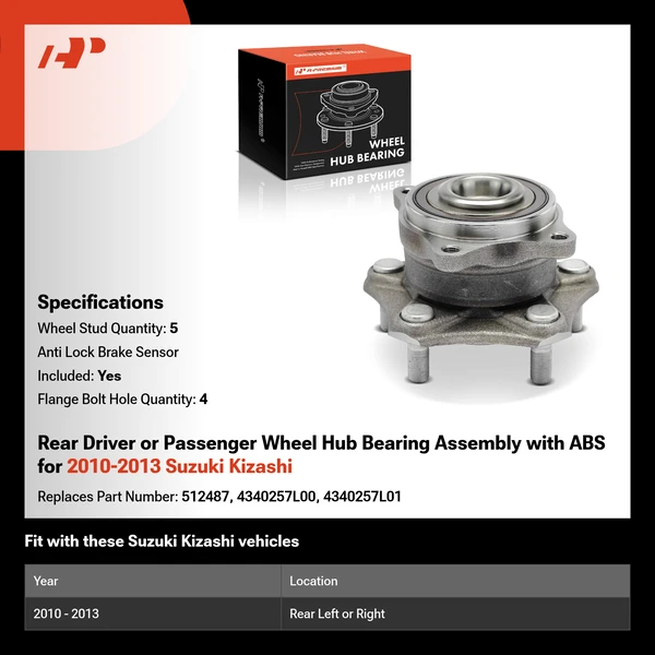 Rear Driver or Passenger Wheel Hub Bearing Assembly with ABS for 2010-2013 Suzuki Kizashi