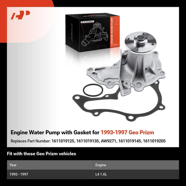 Engine Water Pump with Gasket for 1993-1997 Geo Prizm