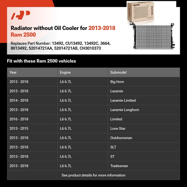 Radiator without Oil Cooler for 2013-2018 Ram 2500