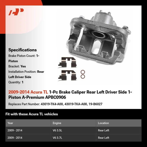 2009-2014 Acura TL 1-Pc Brake Caliper Rear Left Driver Side 1-Piston A-Premium APBC0906