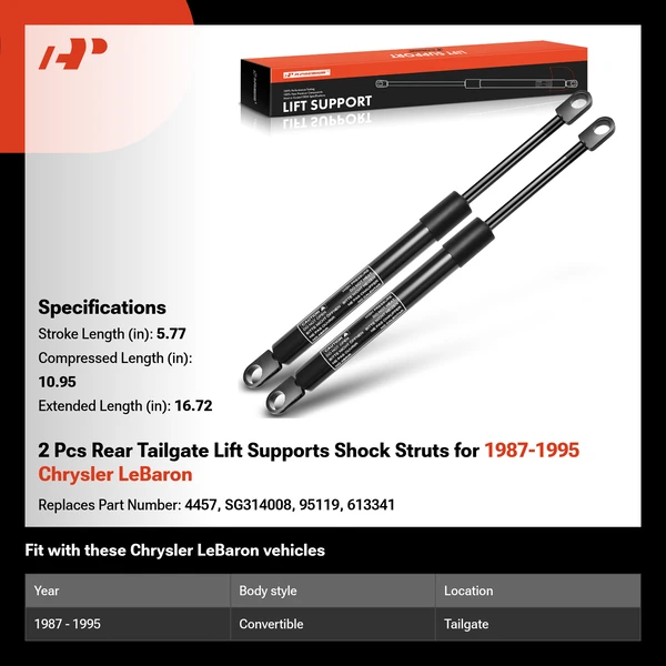 2 Pcs Rear Tailgate Lift Supports Shock Struts for 1987-1995 Chrysler LeBaron
