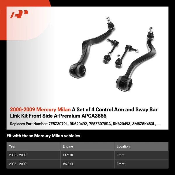 2006-2009 Mercury Milan A Set of 4 Control Arm and Sway Bar Link Kit Front Side A-Premium APCA3866