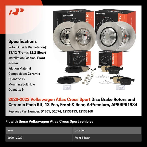 2020-2022 Volkswagen Atlas Cross Sport Disc Brake Rotors and Ceramic Pads Kit, 12 Pcs, Front & Rear, A-Premium, APBRPR1984
