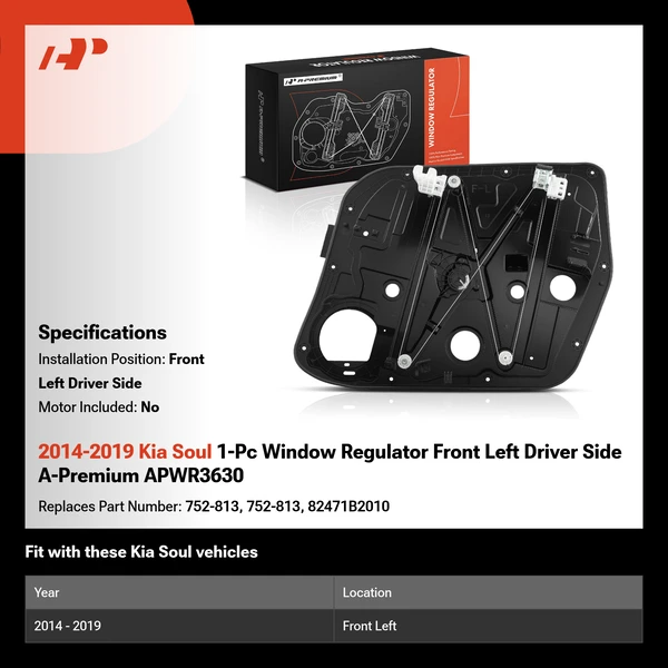 2014-2019 Kia Soul 1-Pc Window Regulator Front Left Driver Side A-Premium APWR3630