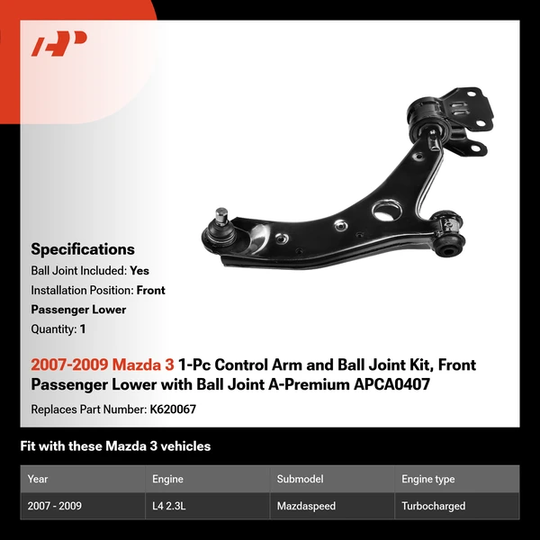 2007-2009 Mazda 3 1-Pc Control Arm and Ball Joint Kit, Front Passenger Lower with Ball Joint A-Premium APCA0407
