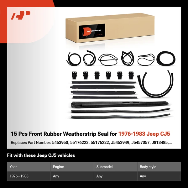15 Pcs Front Rubber Weatherstrip Seal for 1976-1983 Jeep CJ5