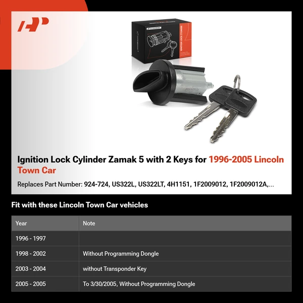 Ignition Lock Cylinder Zamak 5 with 2 Keys for 1996-2005 Lincoln Town Car