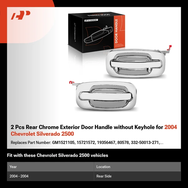 2 Pcs Rear Chrome Exterior Door Handle without Keyhole for 2004 Chevrolet Silverado 2500