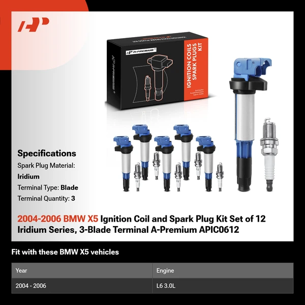 2004-2006 BMW X5 Ignition Coil and Spark Plug Kit Set of 12 Iridium Series, 3-Blade Terminal A-Premium APIC0612