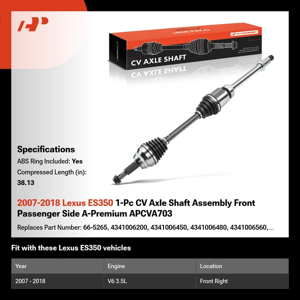2007-2018 Lexus ES350 1-Pc CV Axle Shaft Assembly Front Passenger Side A-Premium APCVA703