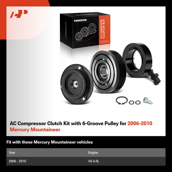 AC Compressor Clutch Kit with 6-Groove Pulley for 2006-2010 Mercury Mountaineer