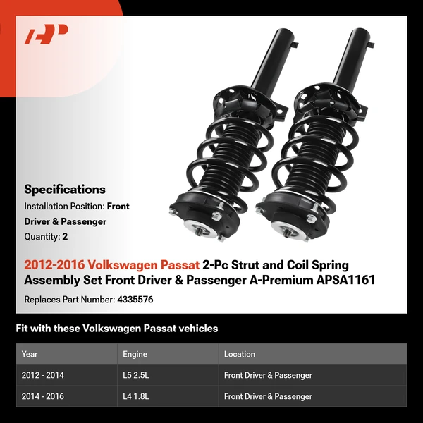 2012-2016 Volkswagen Passat 2-Pc Strut and Coil Spring Assembly Set Front Driver & Passenger A-Premium APSA1161