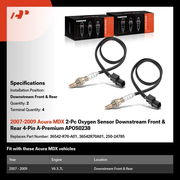 2007-2009 Acura MDX 2-Pc Oxygen Sensor Downstream Front & Rear 4-Pin A-Premium APOS0238