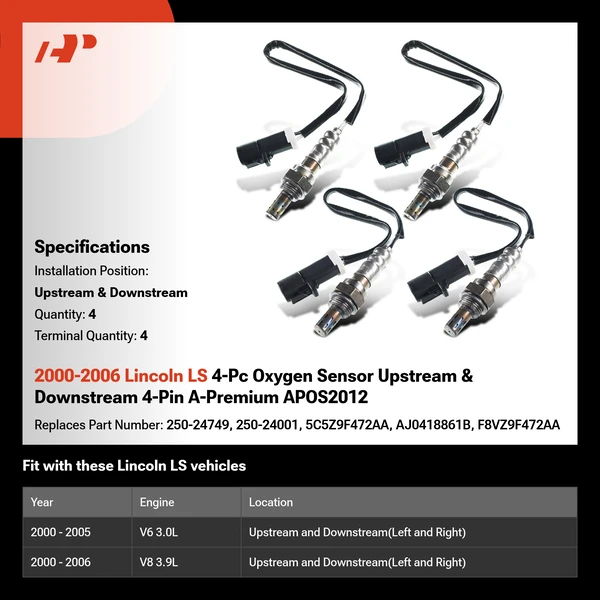 2000-2006 Lincoln LS 4-Pc Oxygen Sensor Upstream & Downstream 4-Pin A-Premium APOS2012