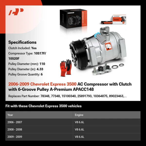 2006-2009 Chevrolet Express 3500 AC Compressor with Clutch with 6-Groove Pulley A-Premium APACC148