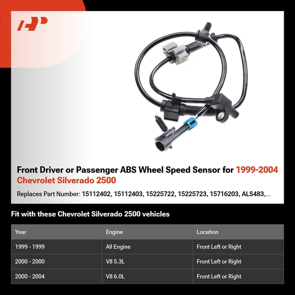 Front Driver or Passenger ABS Wheel Speed Sensor for 1999-2004 Chevrolet Silverado 2500