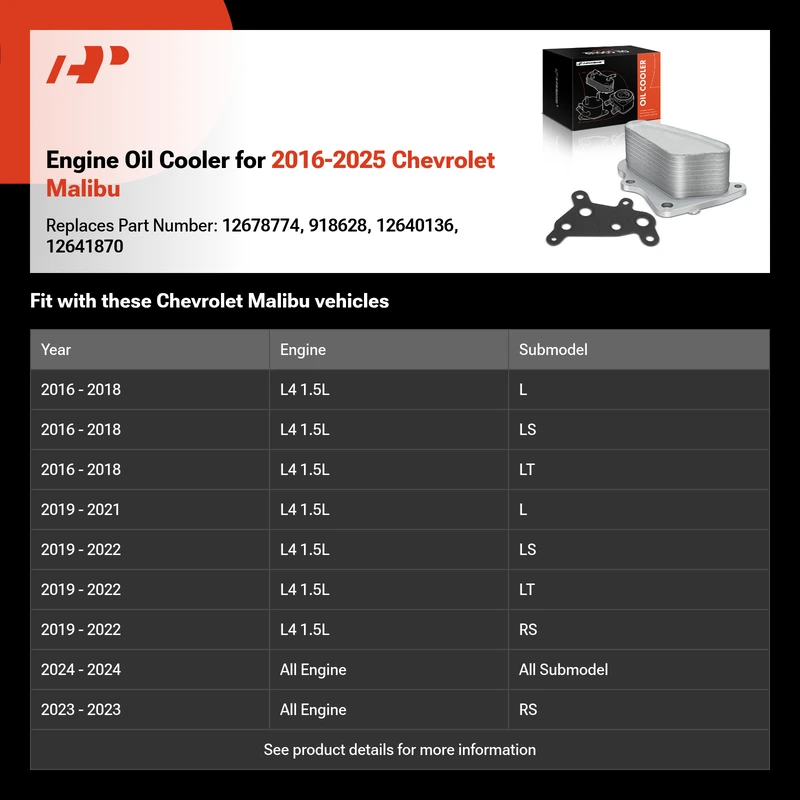 Engine Oil Cooler for 2016-2025 Chevrolet Malibu