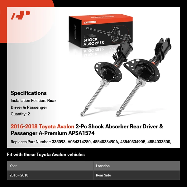 2016-2018 Toyota Avalon 2-Pc Shock Absorber Rear Driver & Passenger A-Premium APSA1574