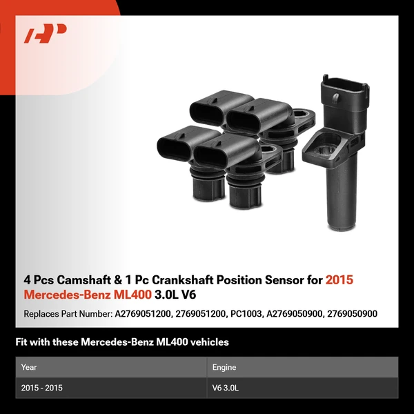 4 Pcs Camshaft & 1 Pc Crankshaft Position Sensor for 2015 Mercedes-Benz ML400 3.0L V6