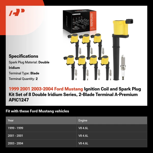 1999 2001 2003-2004 Ford Mustang Ignition Coil and Spark Plug Kit Set of 8 Double Iridium Series, 2-Blade Terminal A-Premium APIC1247