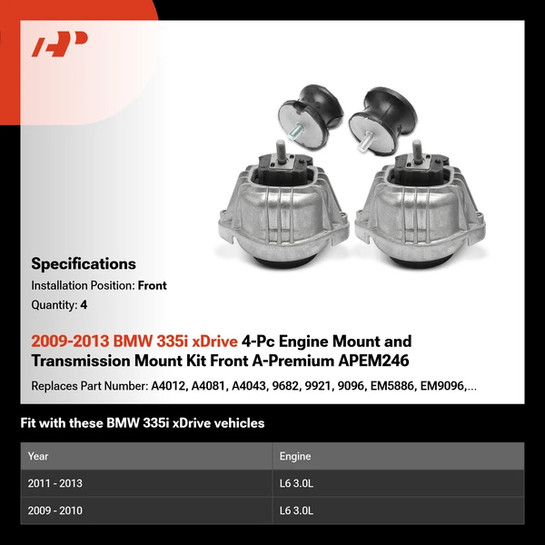 2009-2013 BMW 335i xDrive 4-Pc Engine Mount and Transmission Mount Kit Front A-Premium APEM246