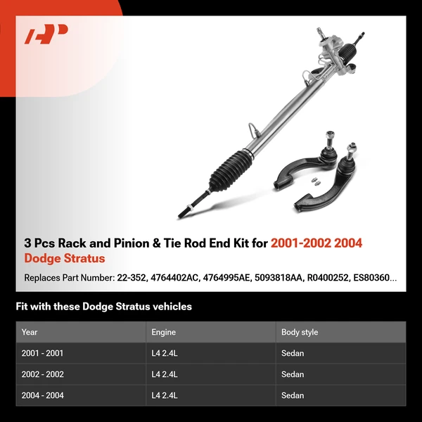 3 Pcs Rack and Pinion & Tie Rod End Kit for 2001-2002 2004 Dodge Stratus