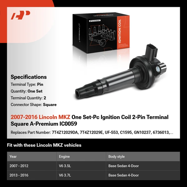 2007-2016 Lincoln MKZ One Set-Pc Ignition Coil 2-Pin Terminal Square A-Premium IC0059