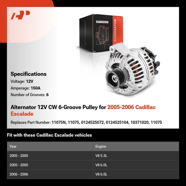 Alternator 12V CW 6-Groove Pulley for 2005-2006 Cadillac Escalade